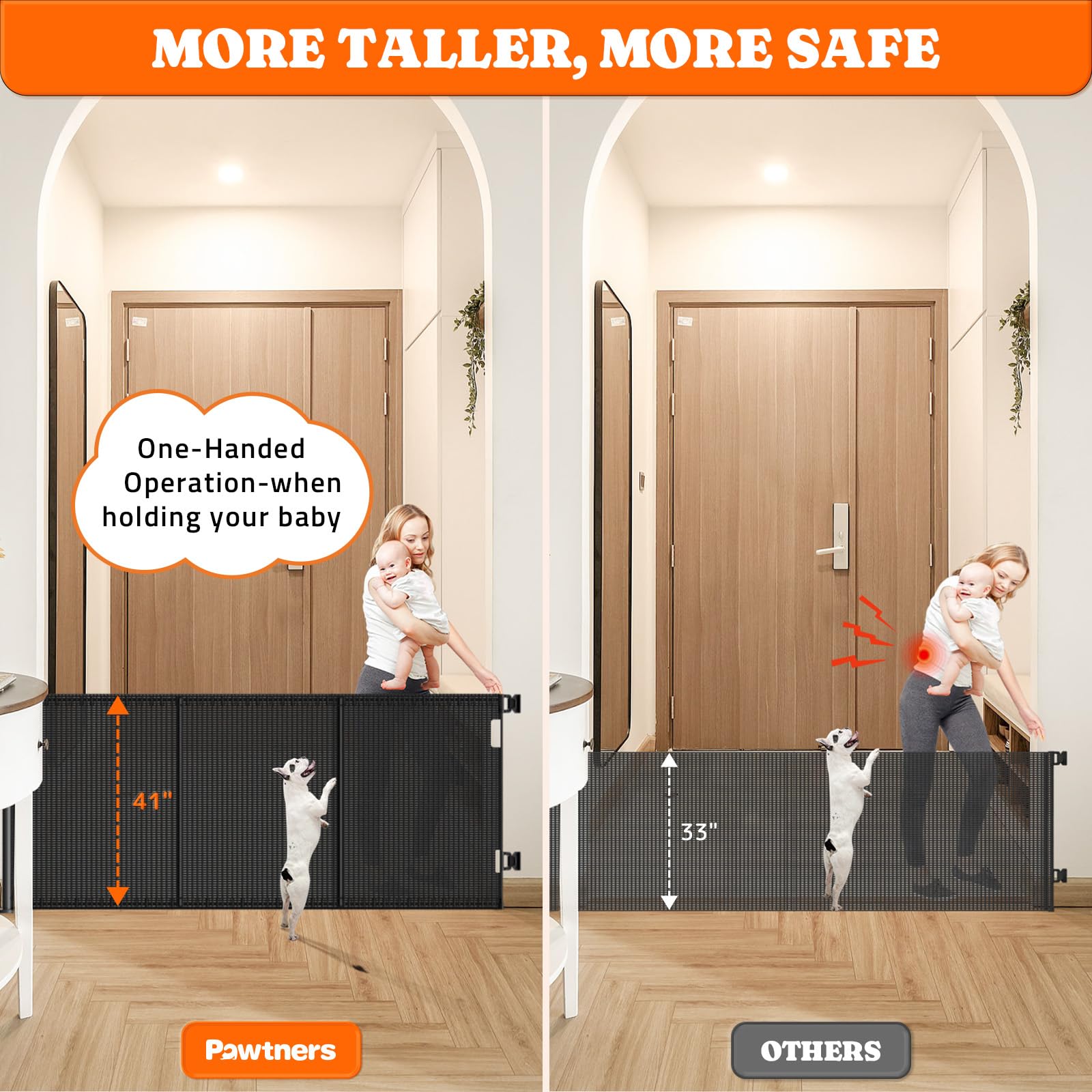 Pawtners tall gate 41inch height provides extra containment at entryways.