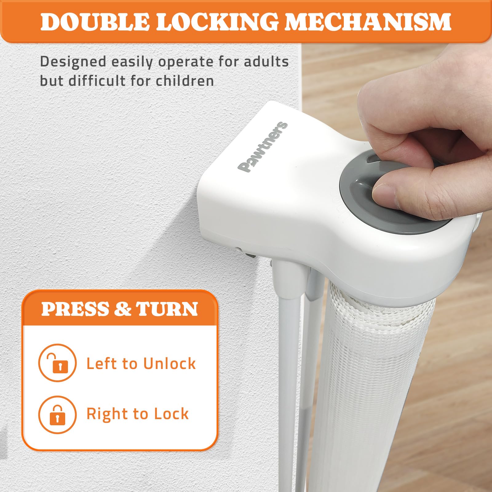 Pawtners three-support-rod setup stabilizes gate against tipping.