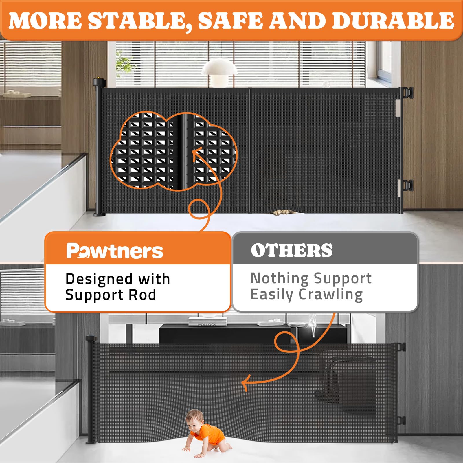 Pawtners 35-inch mesh panel barrier for stairs and hallways.