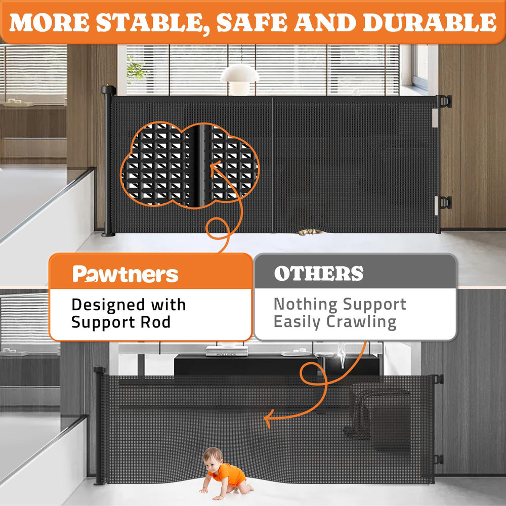 Pawtners 35-inch mesh panel barrier for stairs and hallways.