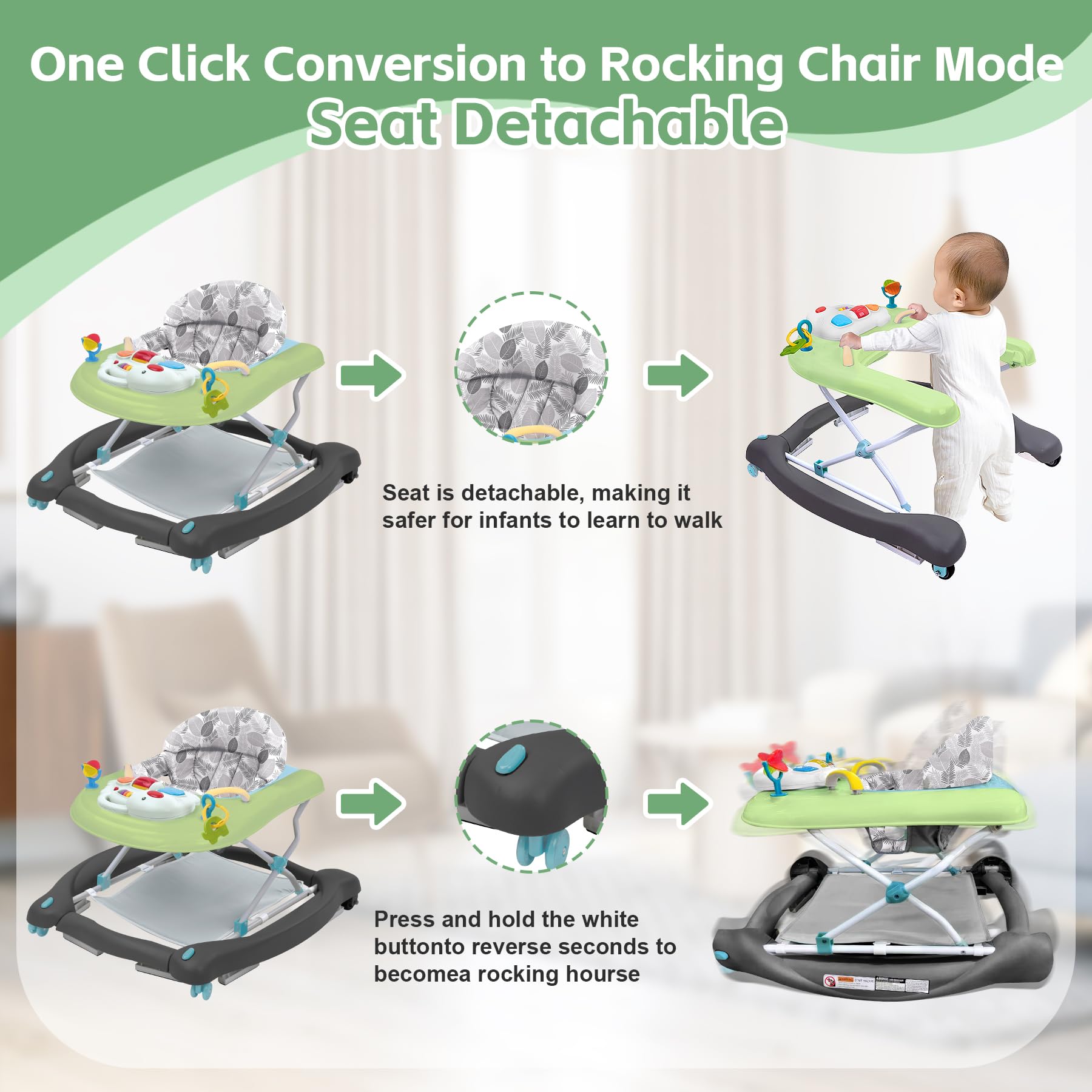 Pawtong walker offers three height adjustments to fit growing baby.