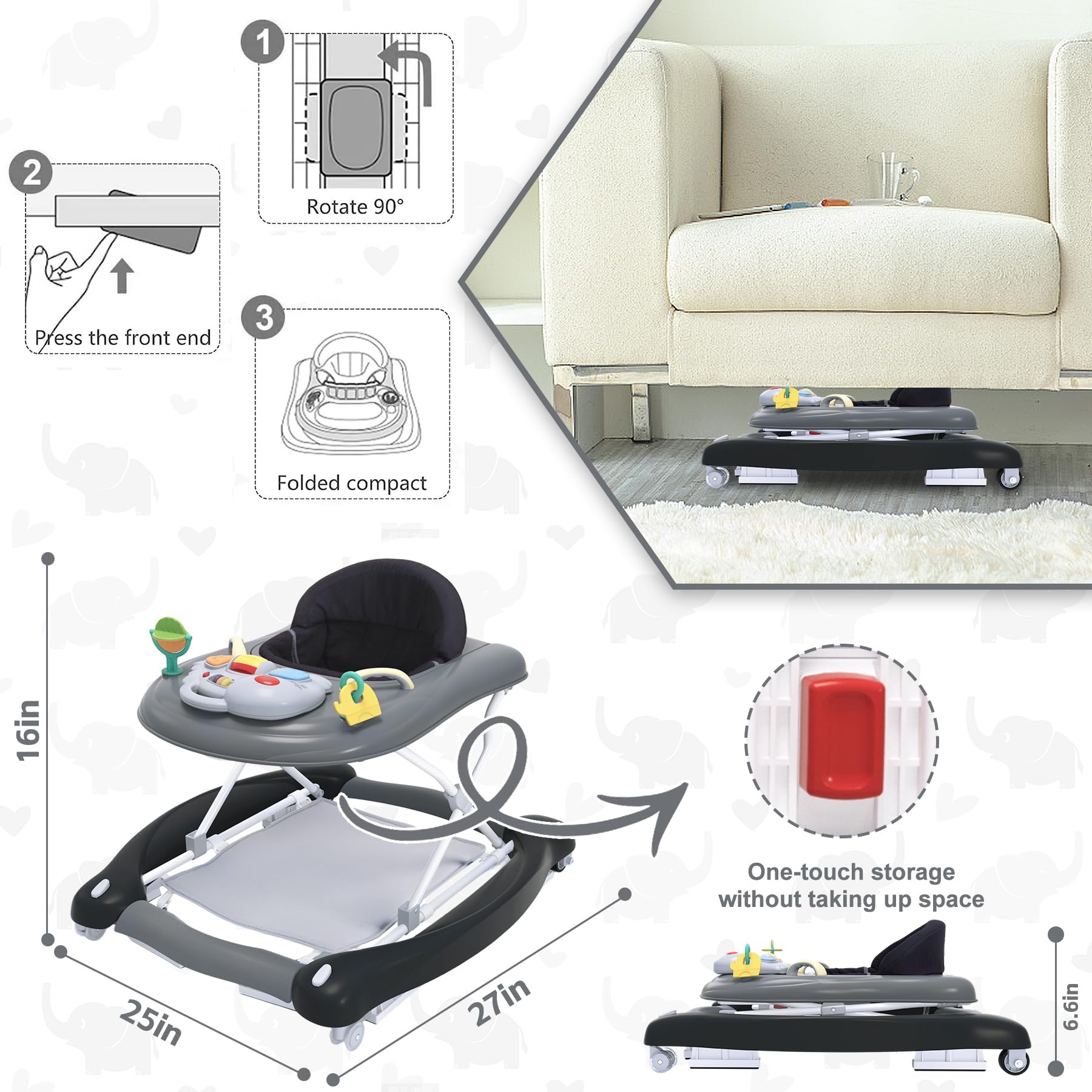 Pawtong foldable walker in bouncer mode with music for early play.