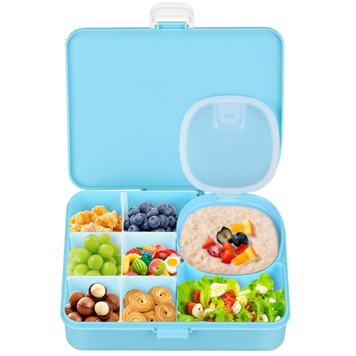 Pawtong Snackle Box blue latch for easy, kid-friendly lunch access.