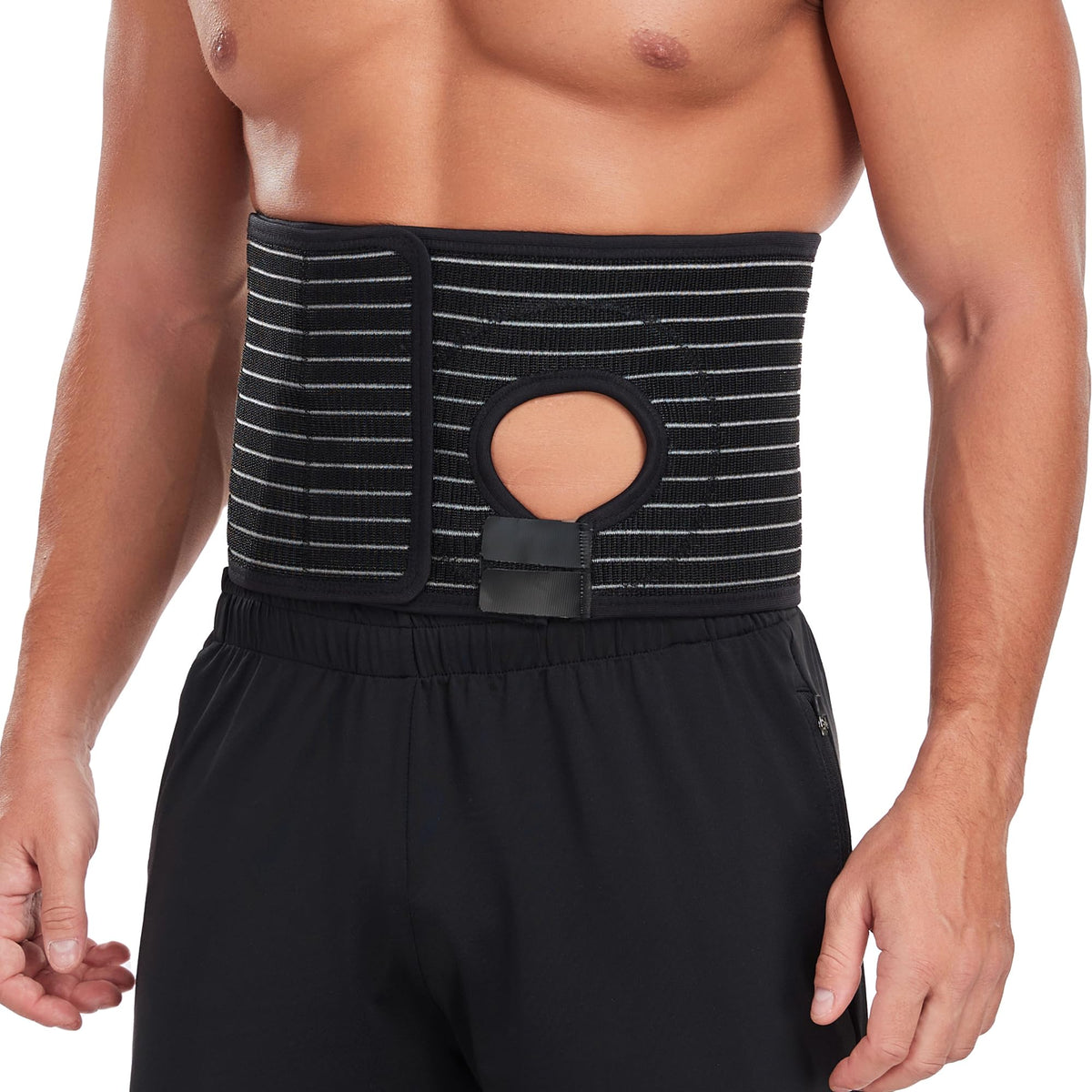 PAZ WEAN ostomy belt with stoma opening showing adjustable fit for secure daily wear.