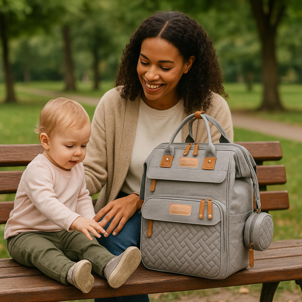 PBell grey colorway backpack blends with any family gear.