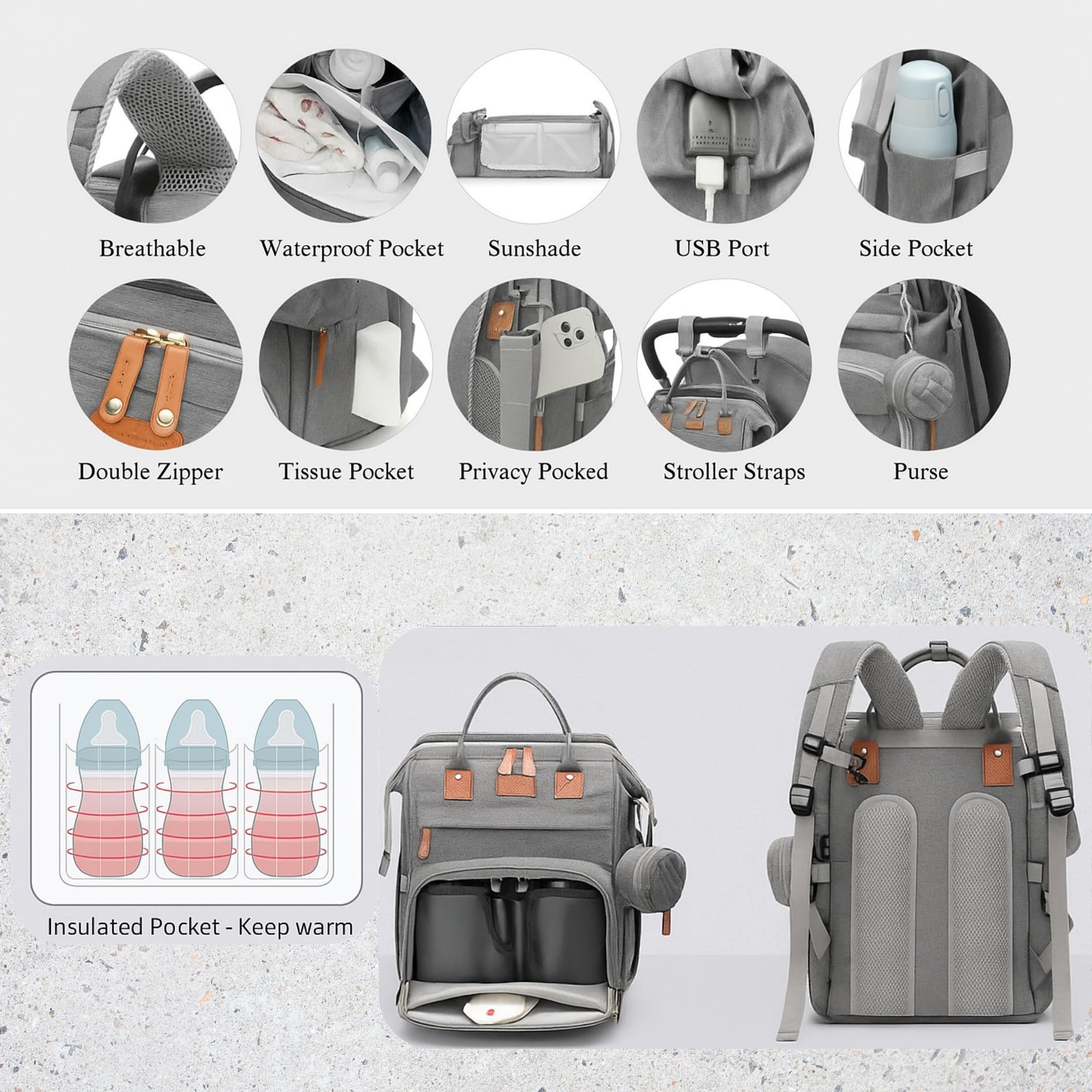 PBell diaper bag with USB port for convenient mobile charging on outings.