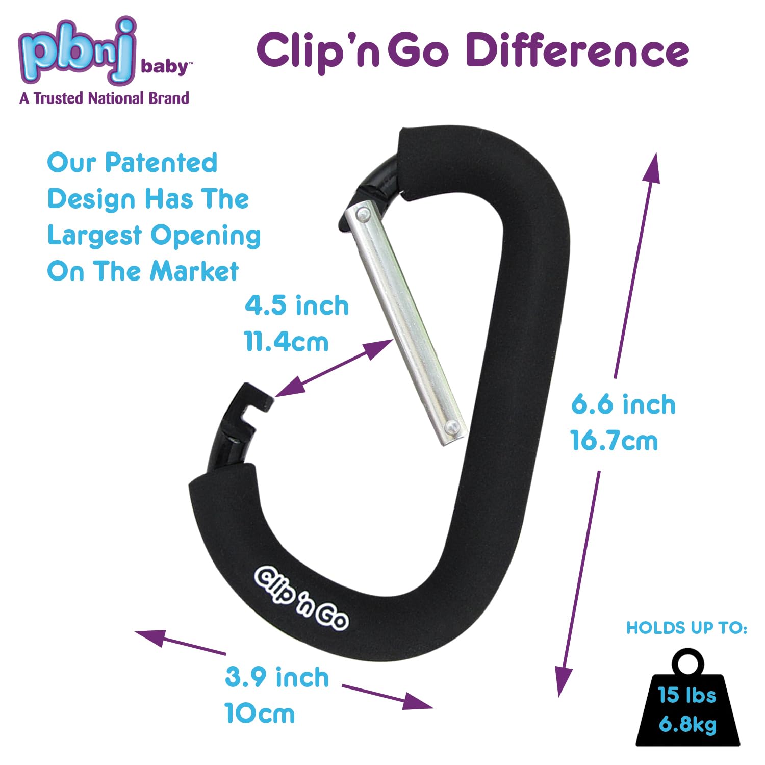 PBnJ Baby diaper bag clip attached to stroller bar