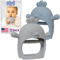 PBnJ Baby silicone teether glove overview shown on tiny hand for soothing teething