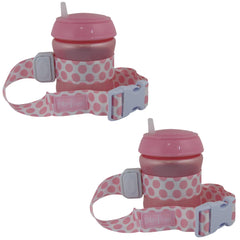 PBnJ Baby SippyPal cup holder with pink dots 2-pack attached to a stroller