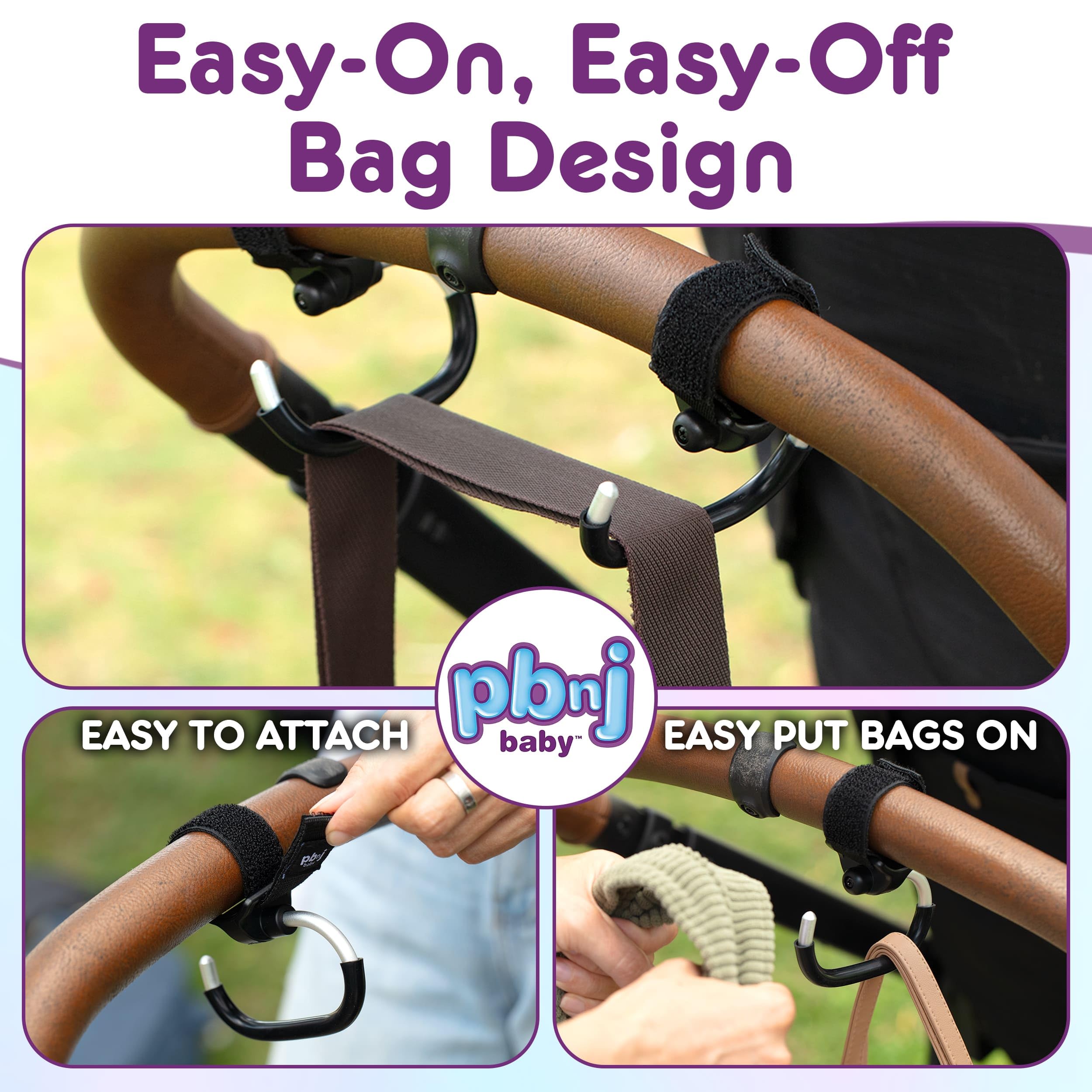 PBnJ Baby stroller hook organized in a garage for tool and bag storage