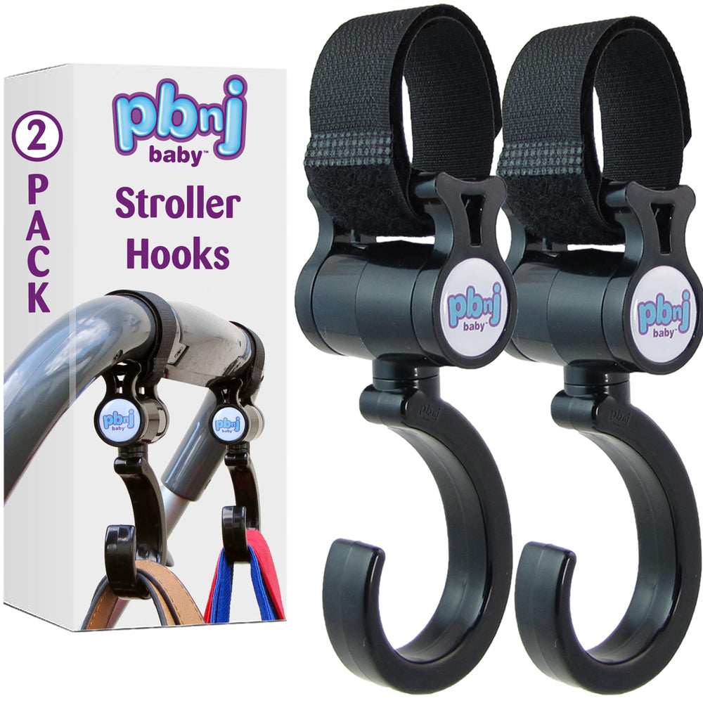 PBnJ Baby stroller hooks with universal fit securely hold bags.