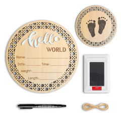 PDRYLY baby birth sign front view for Hello World photo prop.
