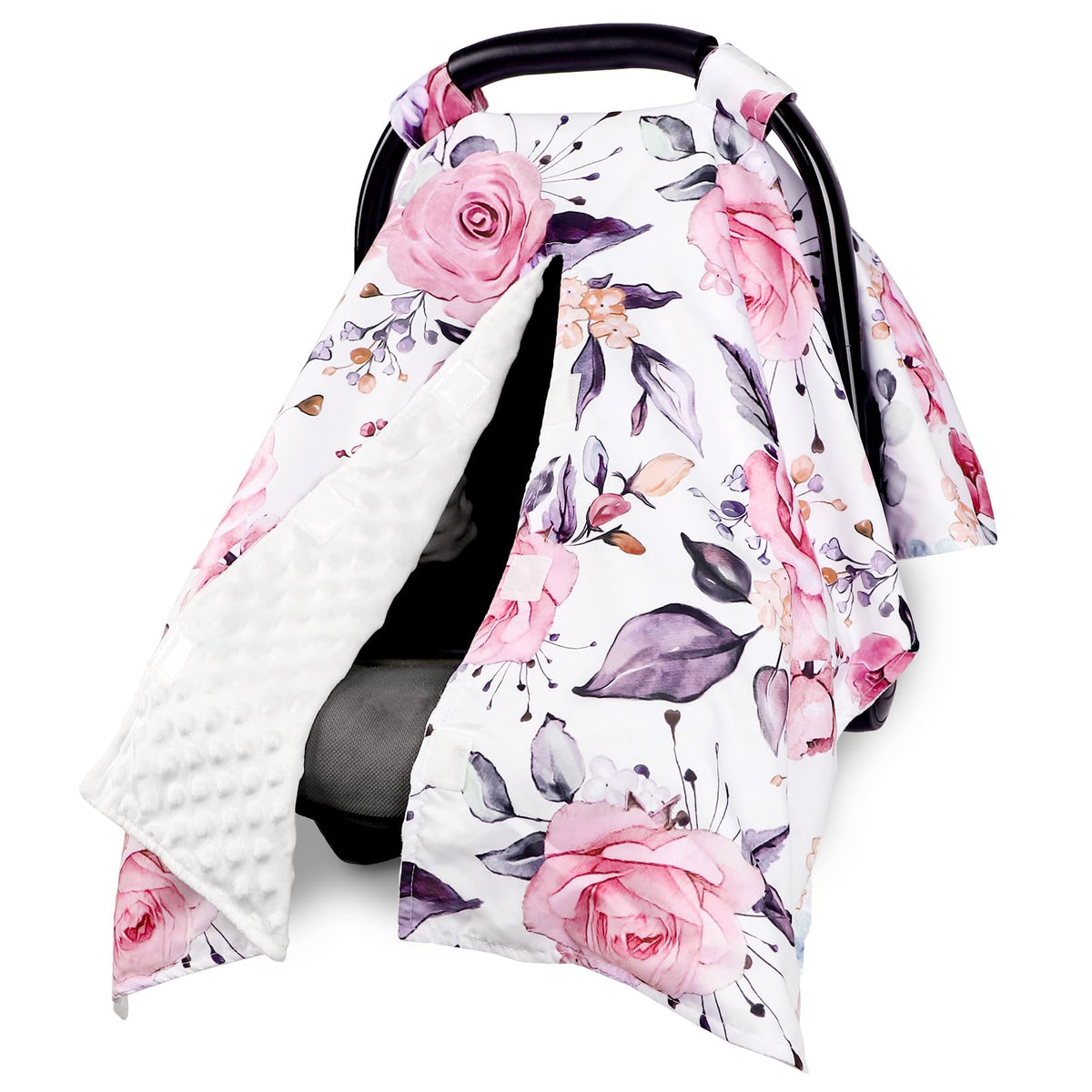 Pea Pod baby car seat cover in pink floral with breathable Minky fabric for baby comfort.