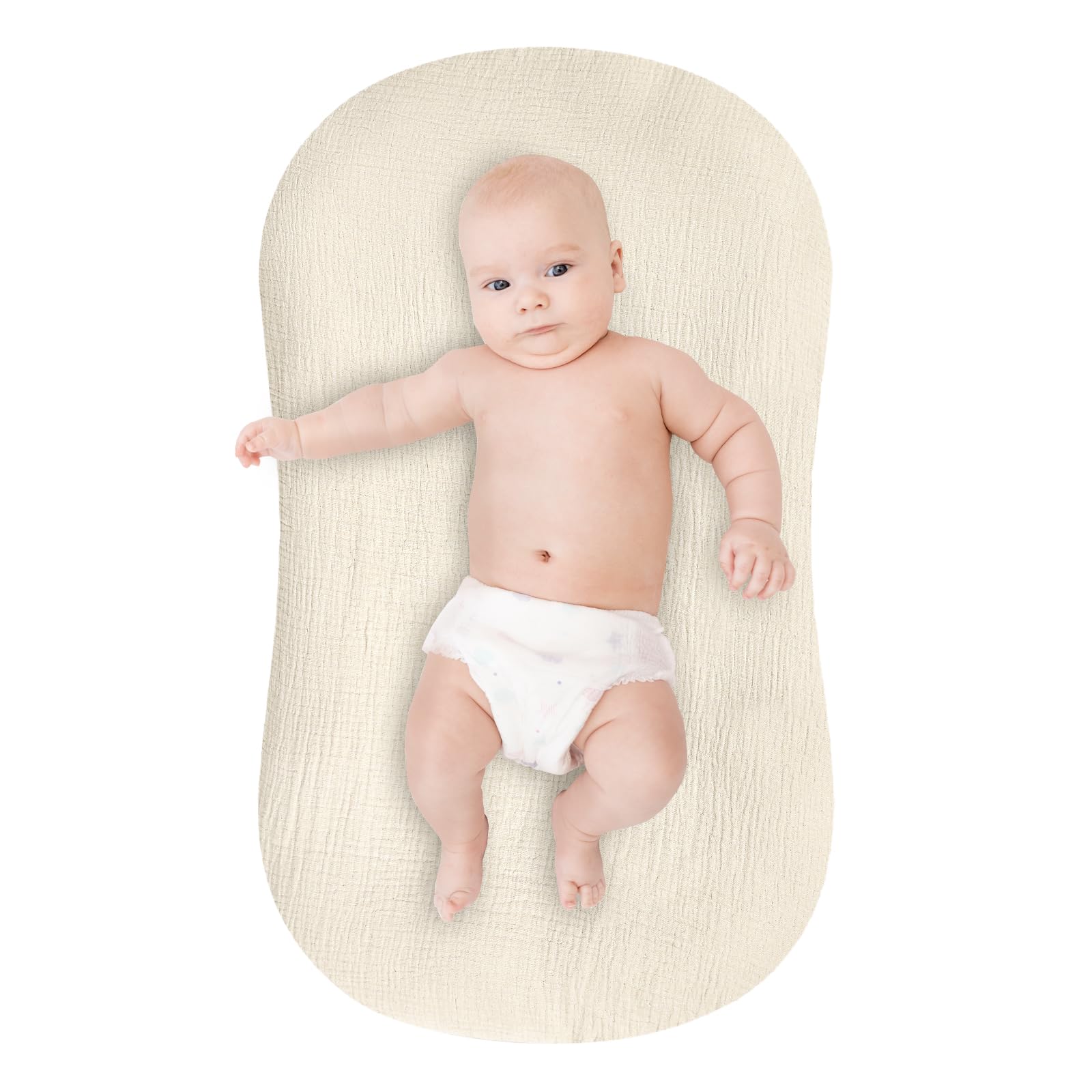 Pea Pod baby lounger cover in apricot, soft muslin for comfy naps