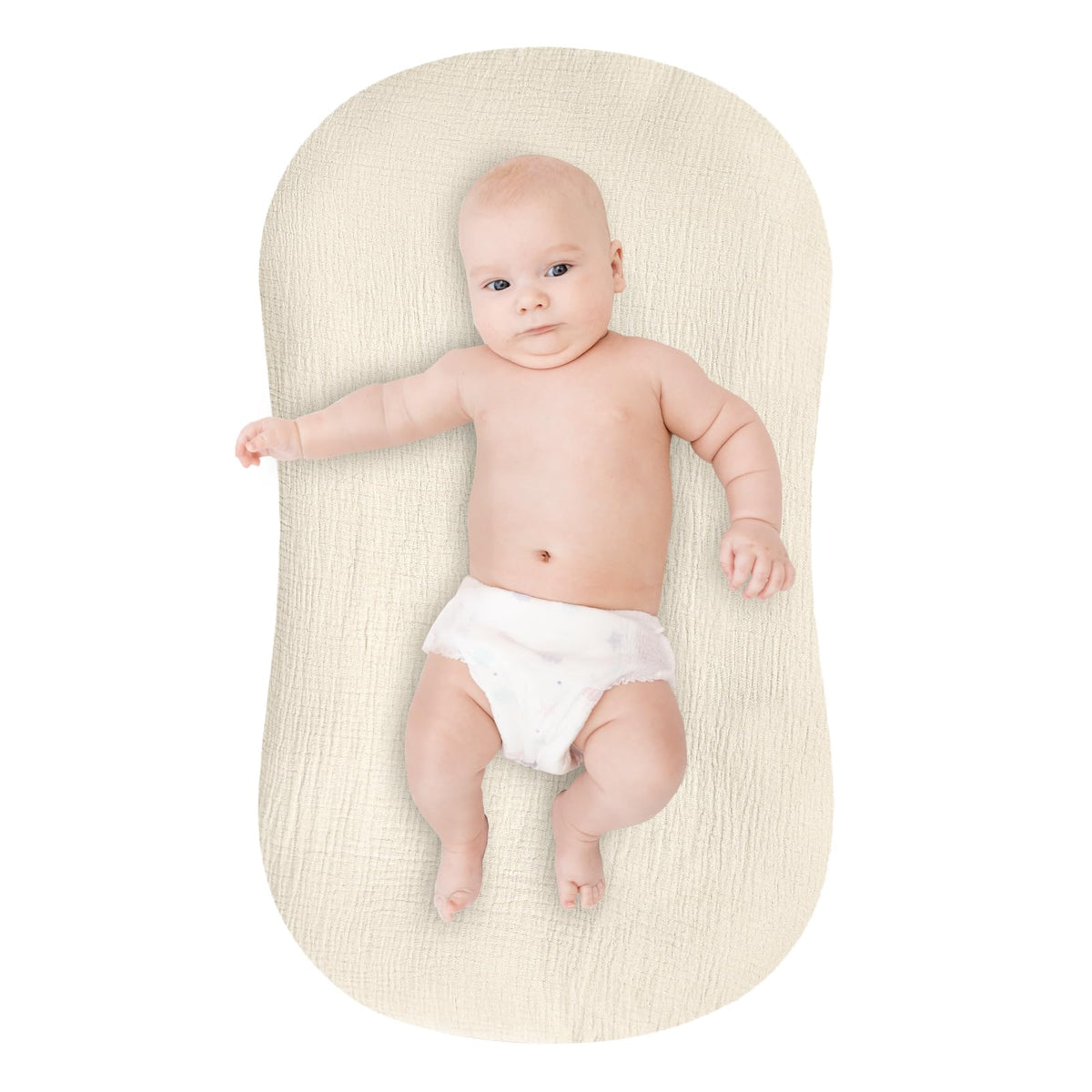 Pea Pod baby lounger cover in apricot, soft muslin for comfy naps