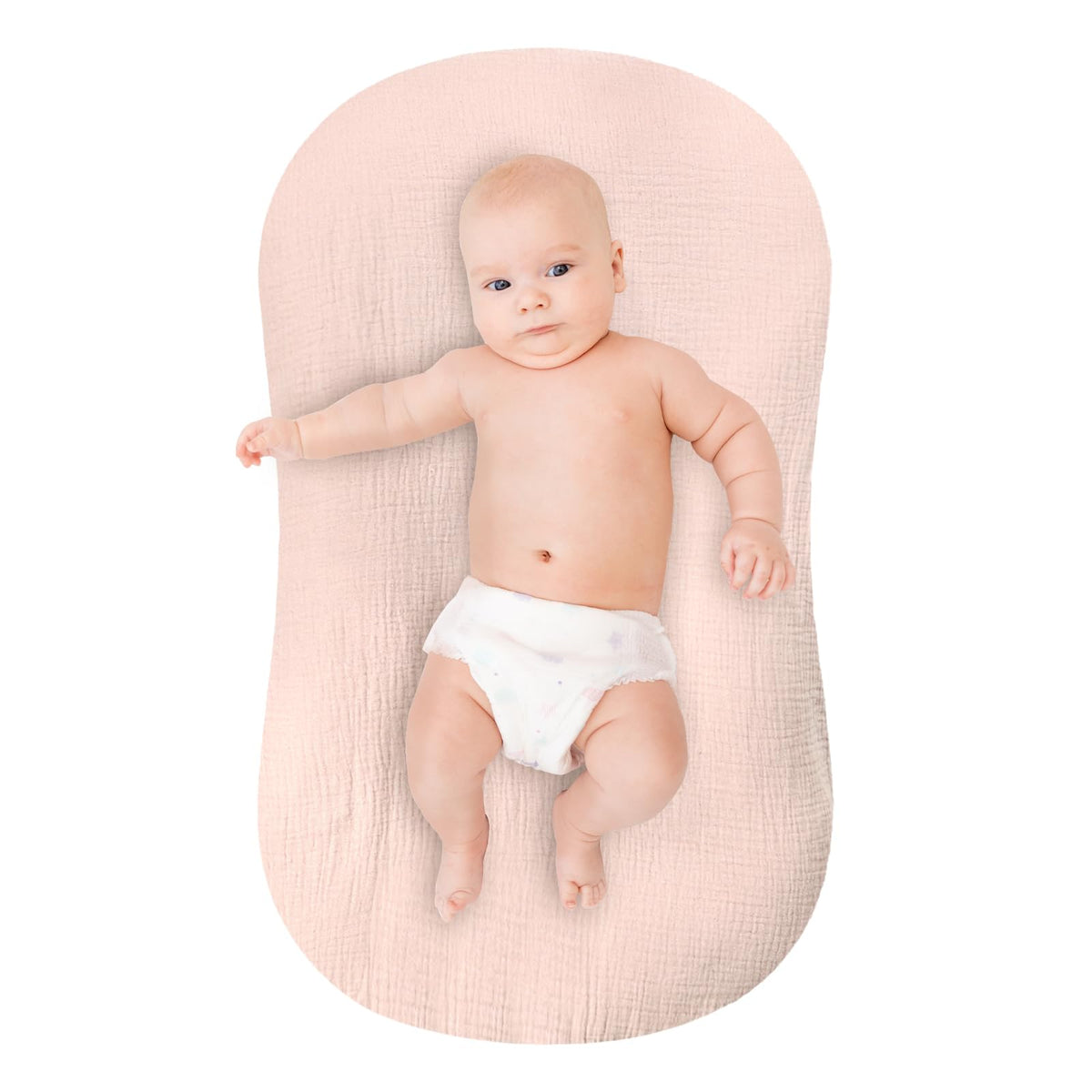 Pea Pod baby lounger cover in muslin cotton, pink, Snuggle Me compatible, soft and breathable.