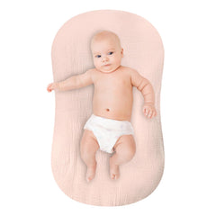 Pea Pod baby lounger cover in muslin cotton, pink, Snuggle Me compatible, soft and breathable.