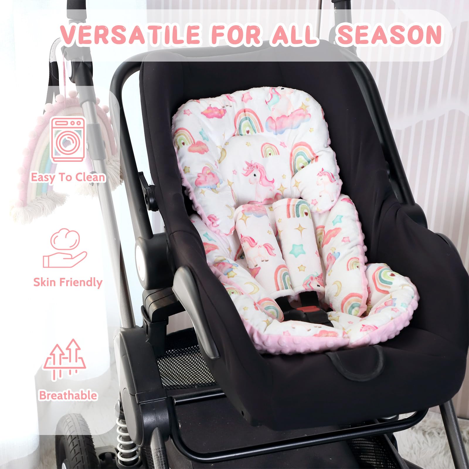 Pea Pod seat cushion shown in stroller use, keeping baby snug during walks.