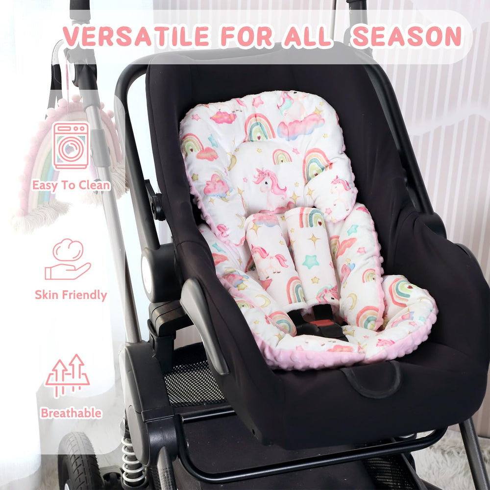 Pea Pod seat cushion shown in stroller use, keeping baby snug during walks.