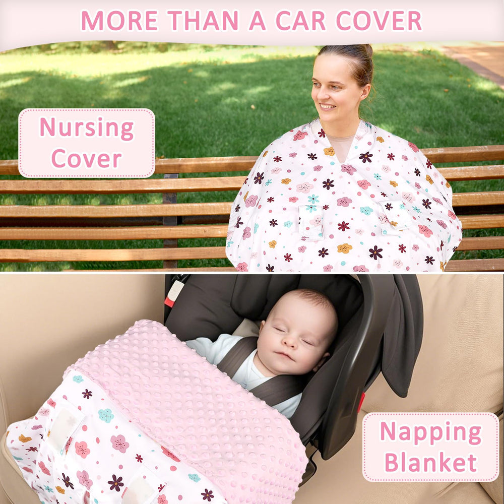 Pea Pod car seat cover demonstrates machine washable convenience for busy parents.