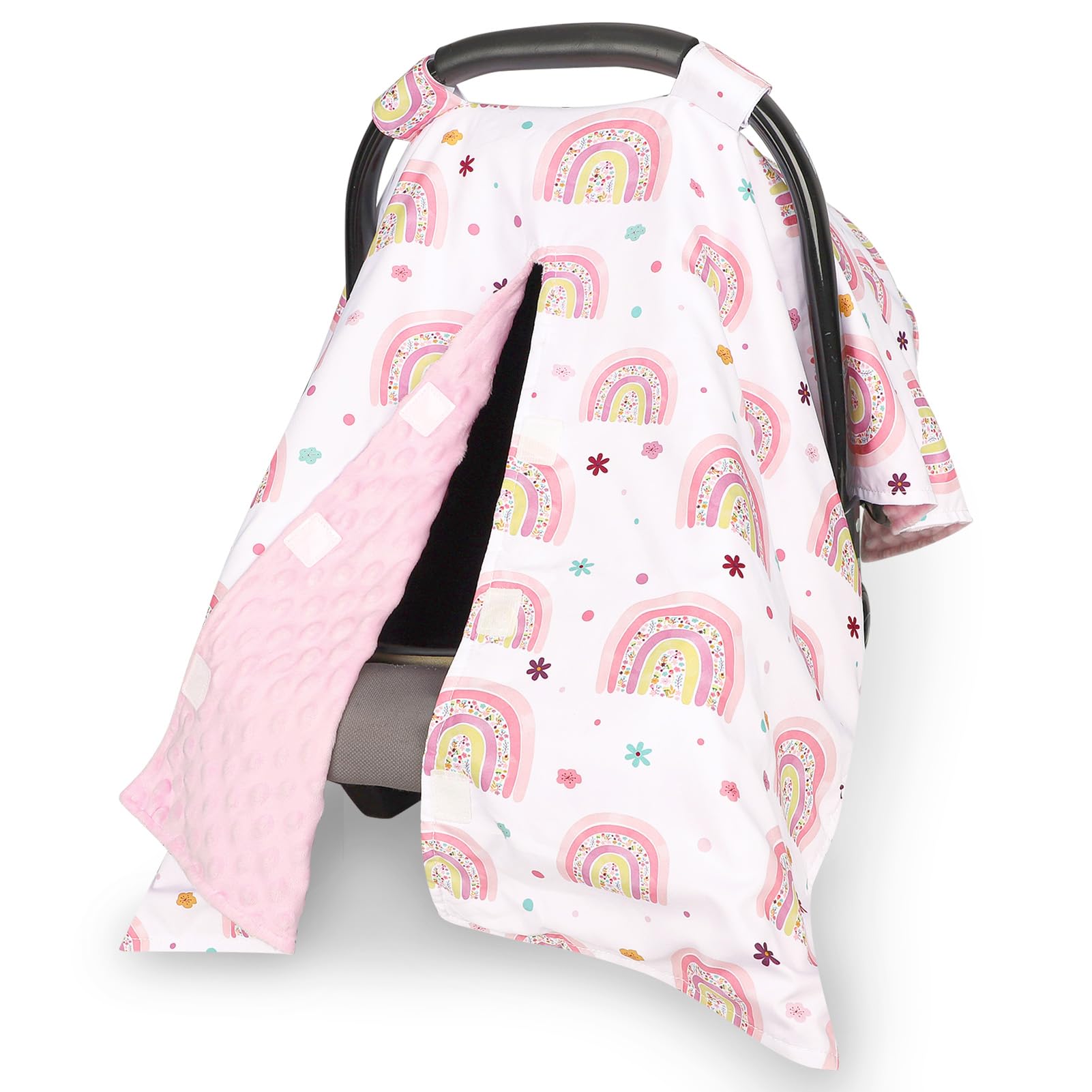 Pea Pod car seat cover with universal fit protects baby during travel.