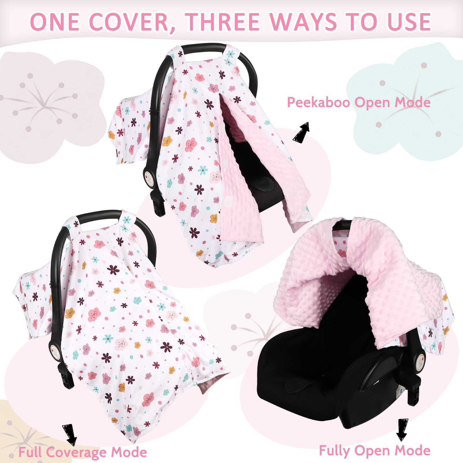 Pea Pod floral cover with adjustable straps for quick, secure car seat fitting.