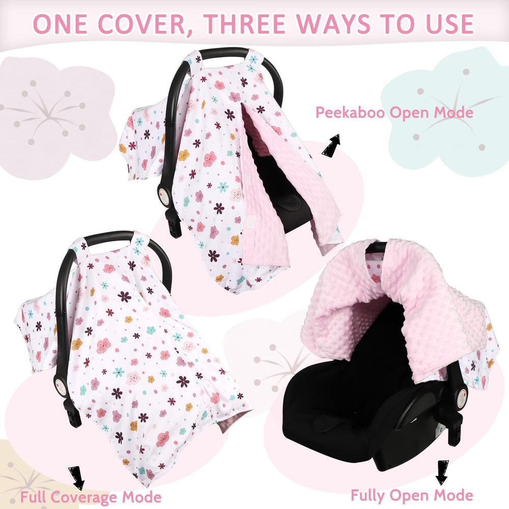 Pea Pod floral cover with adjustable straps for quick, secure car seat fitting.