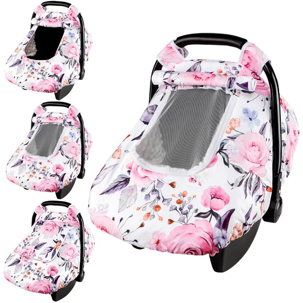 Pea Pod floral car seat cover with mesh window for baby ventilation
