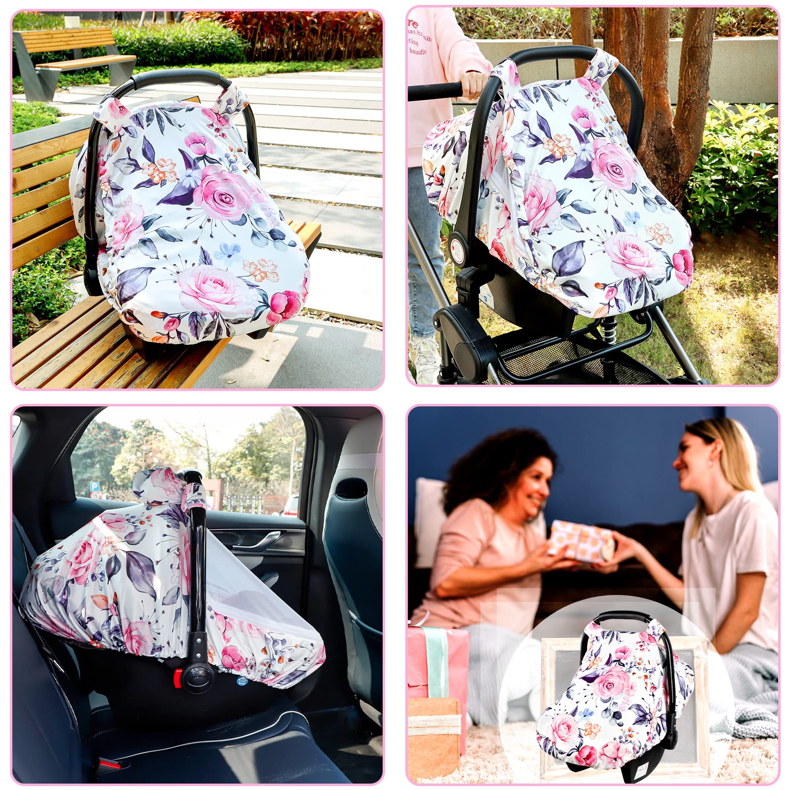 Pea Pod floral cover fits most car seats and strollers for versatile use.