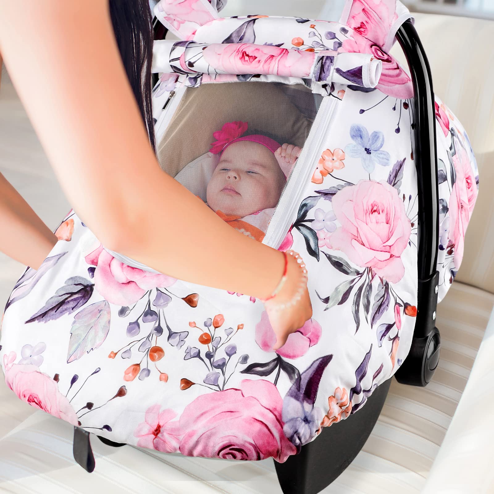 Pea Pod floral pattern car seat cover complements modern nurseries