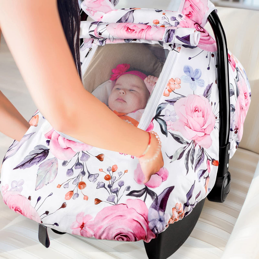 Pea Pod floral pattern car seat cover complements modern nurseries