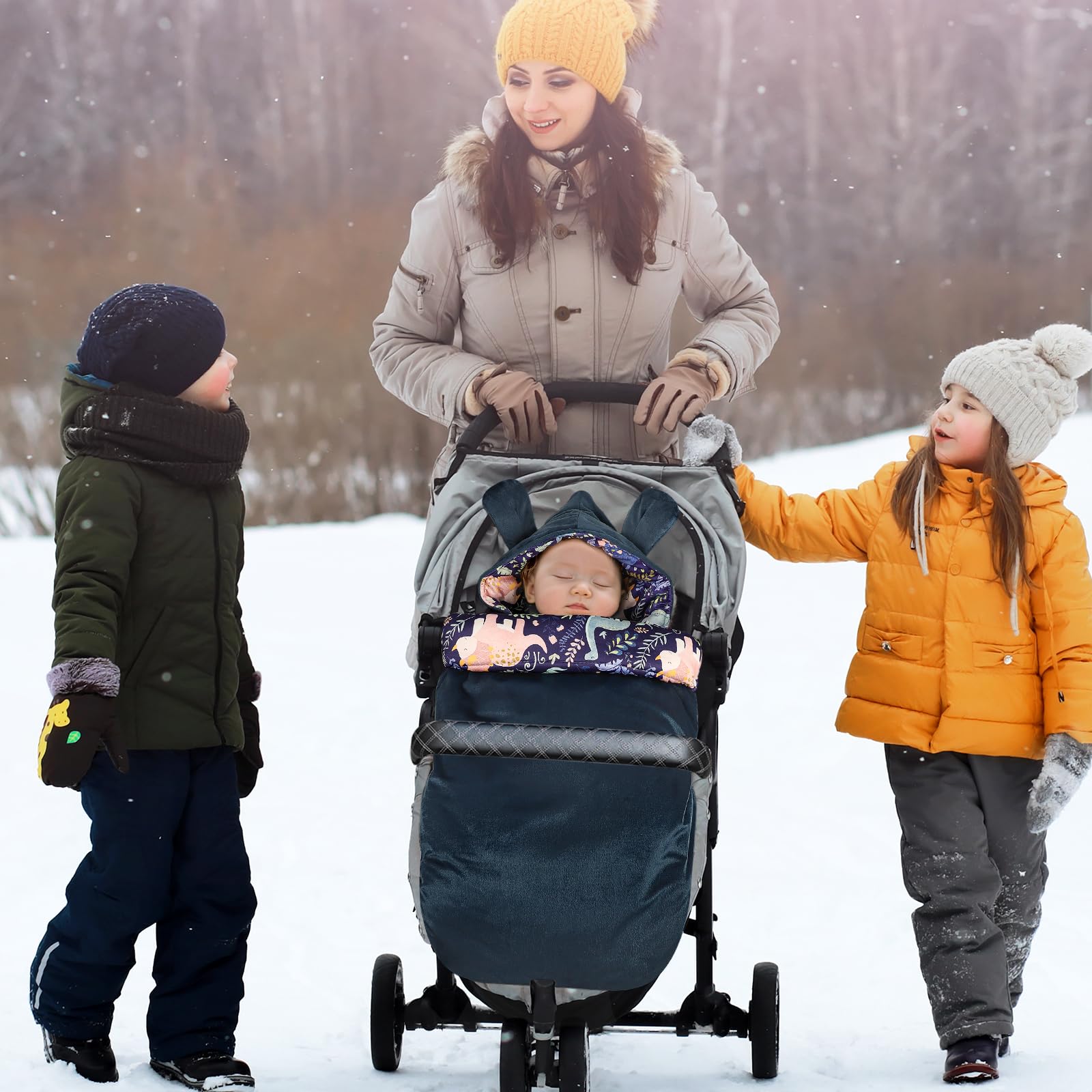 Pea Pod hooded fleece swaddle with bear ears adds snug warmth.