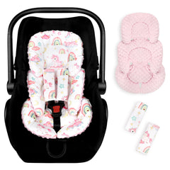 Pea Pod infant seat insert with strap covers offers secure head and body support for car rides.