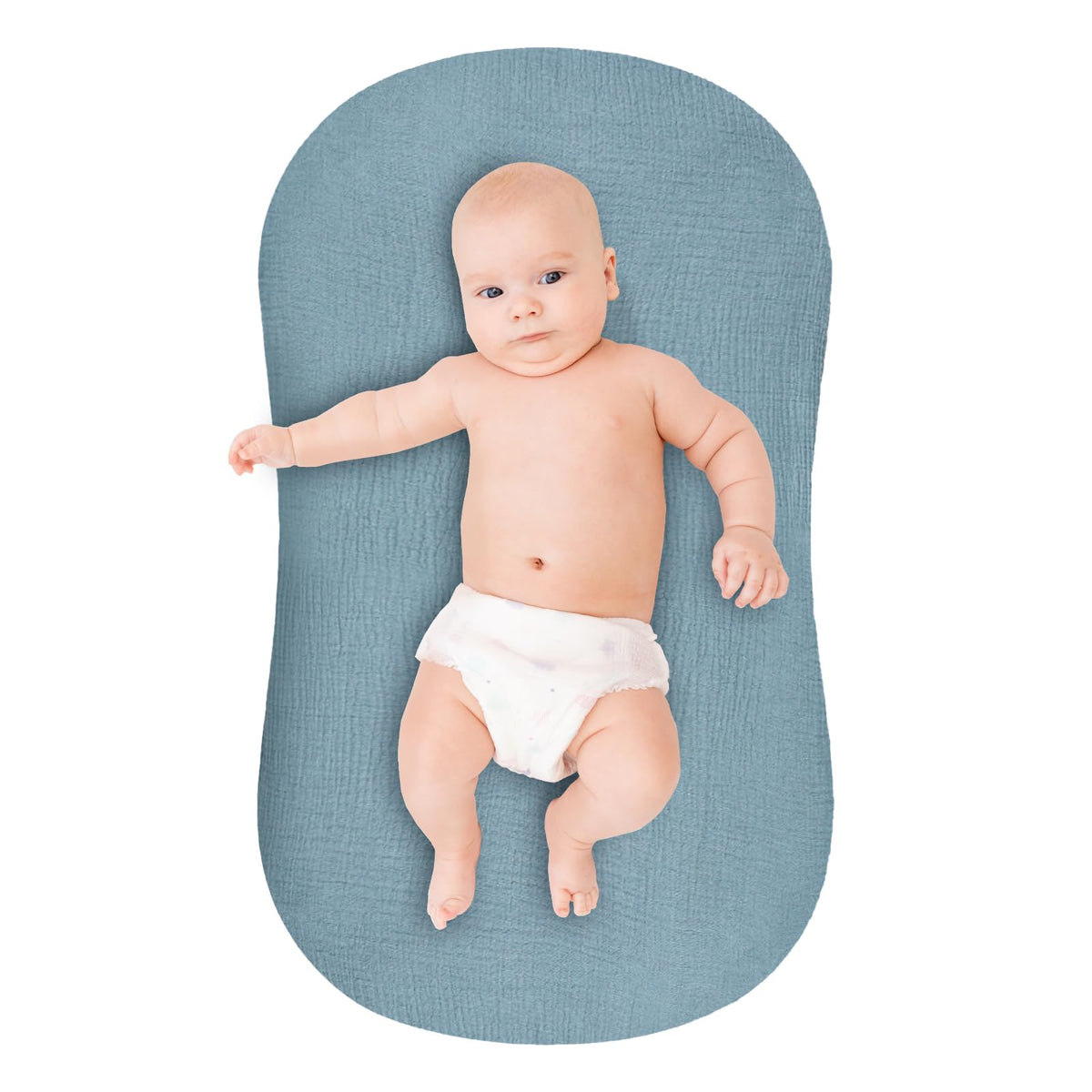 Pea Pod muslin cotton lounger cover in blue fits Snuggle Me for comfy naps.
