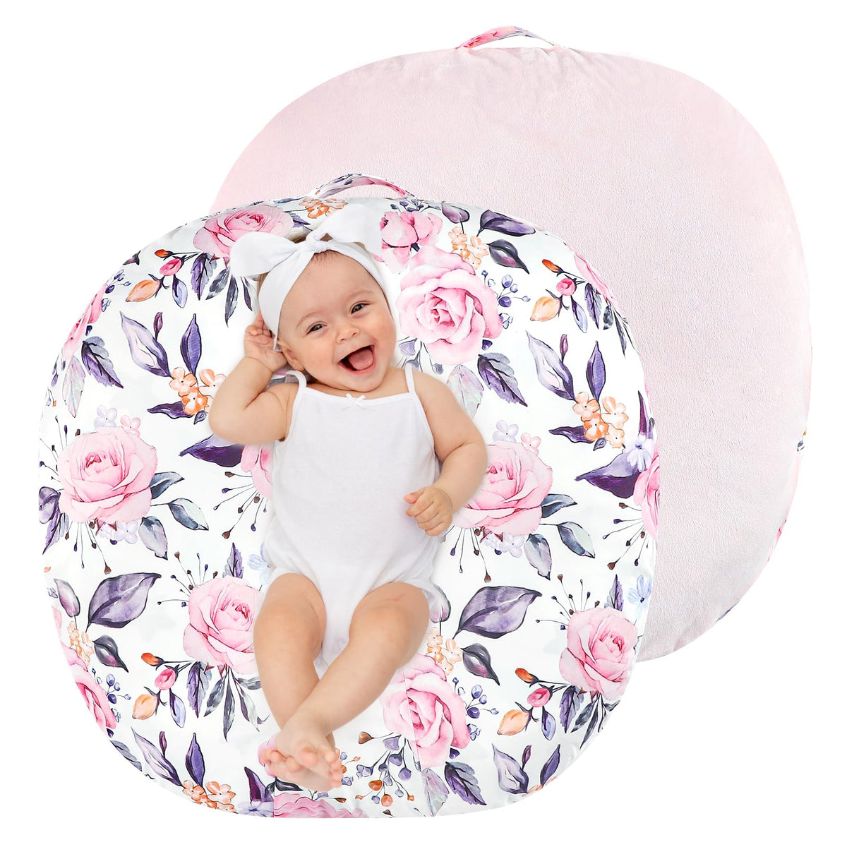 Pea Pod newborn lounger cover floral front view showing soft plush fabric and fit