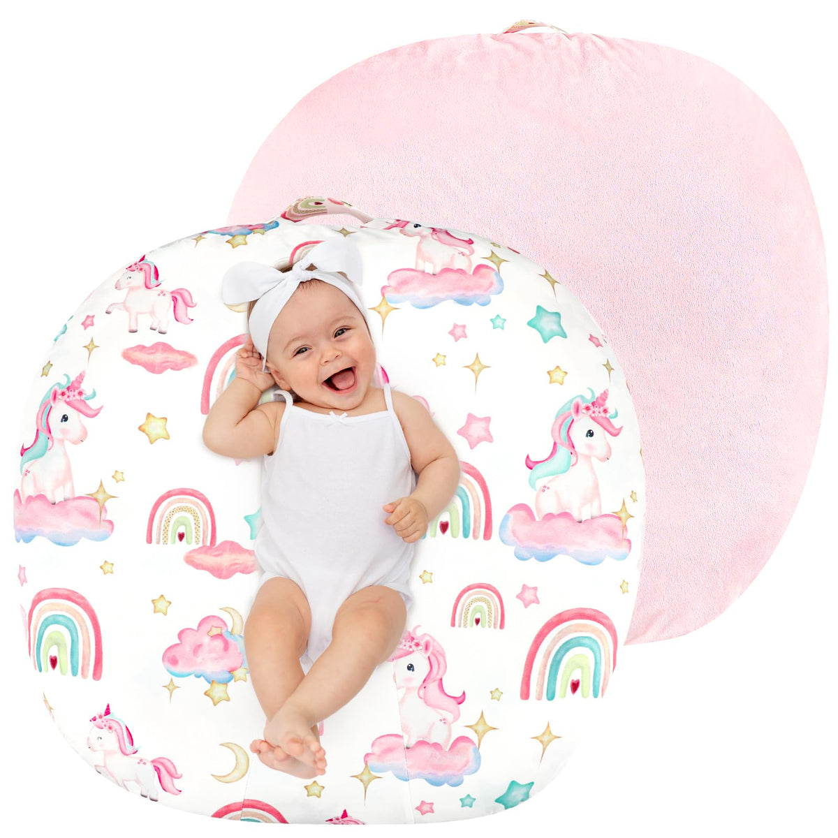 Pea Pod newborn lounger cover unicorn fabric close-up; super soft and cozy.