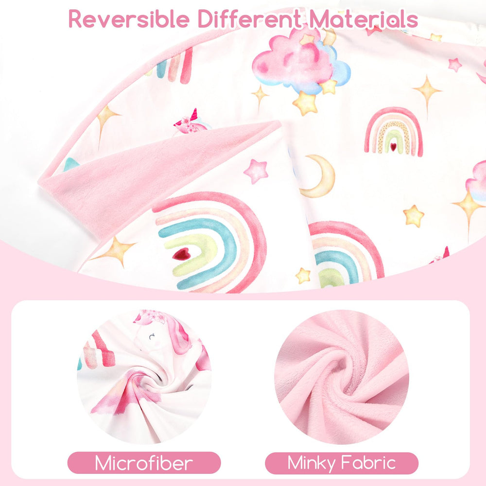 Pea Pod lounger cover unicorn side; reversible warmth for different seasons.