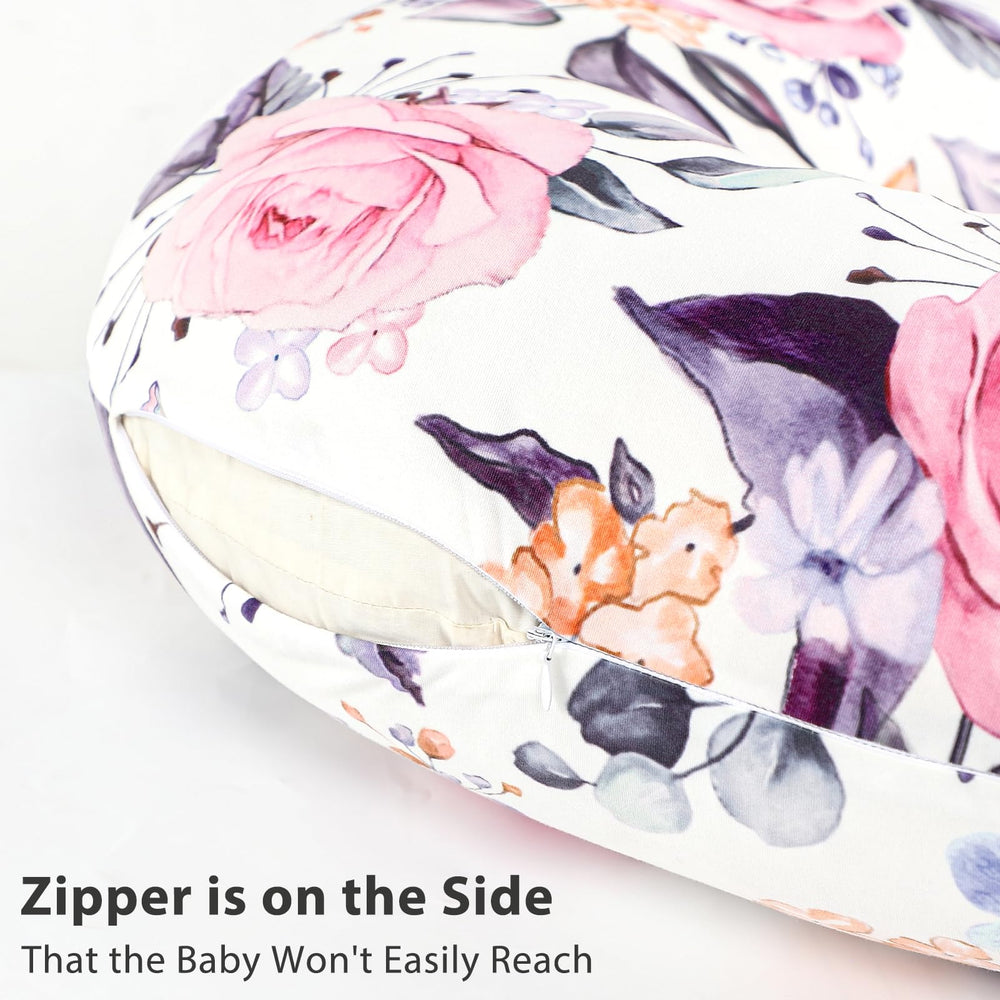 Pink floral pattern on Pea Pod cover adds stylish touch to baby feeding.