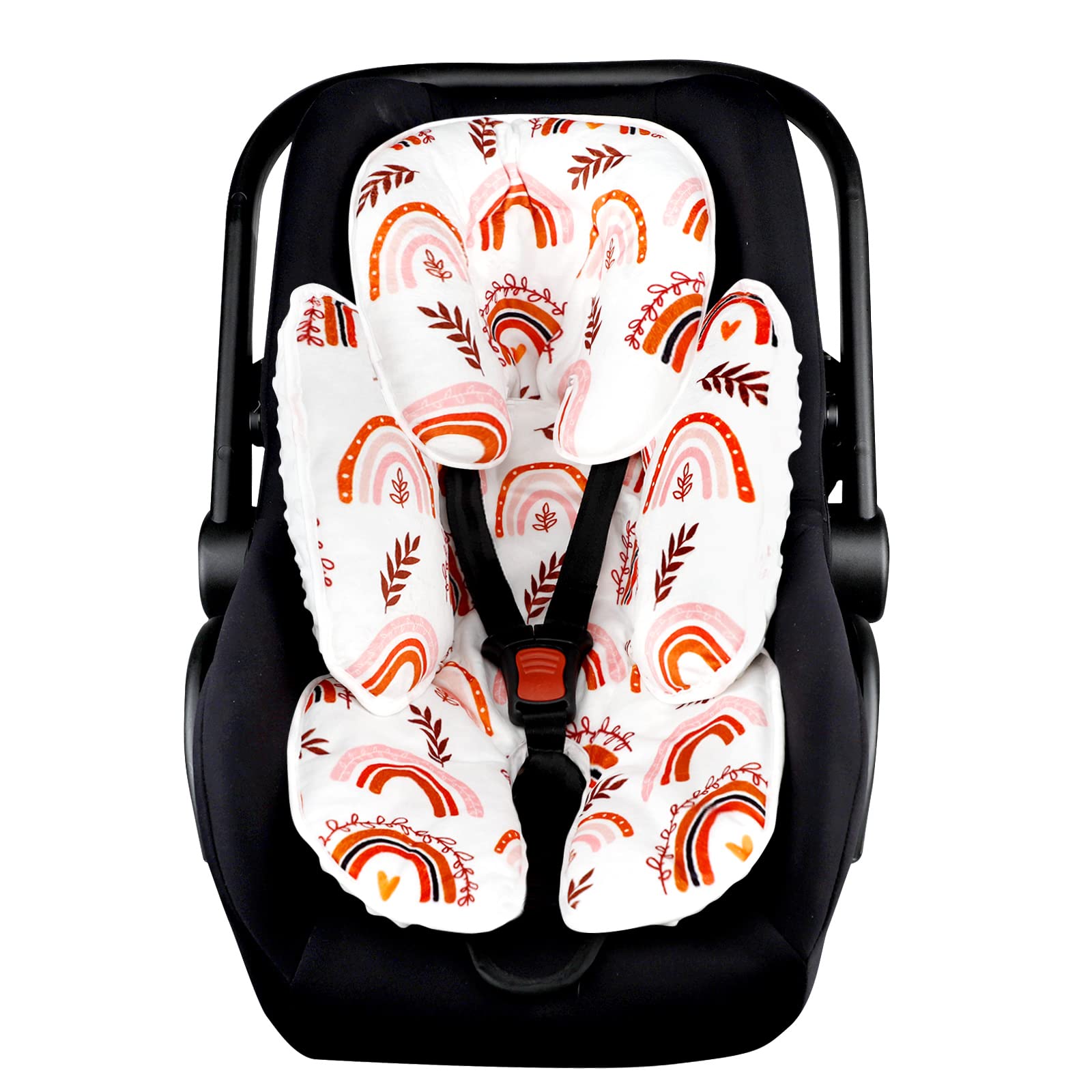 Pea Pod Rainbow Head Support in full-body mode offers cozy support on car seats.