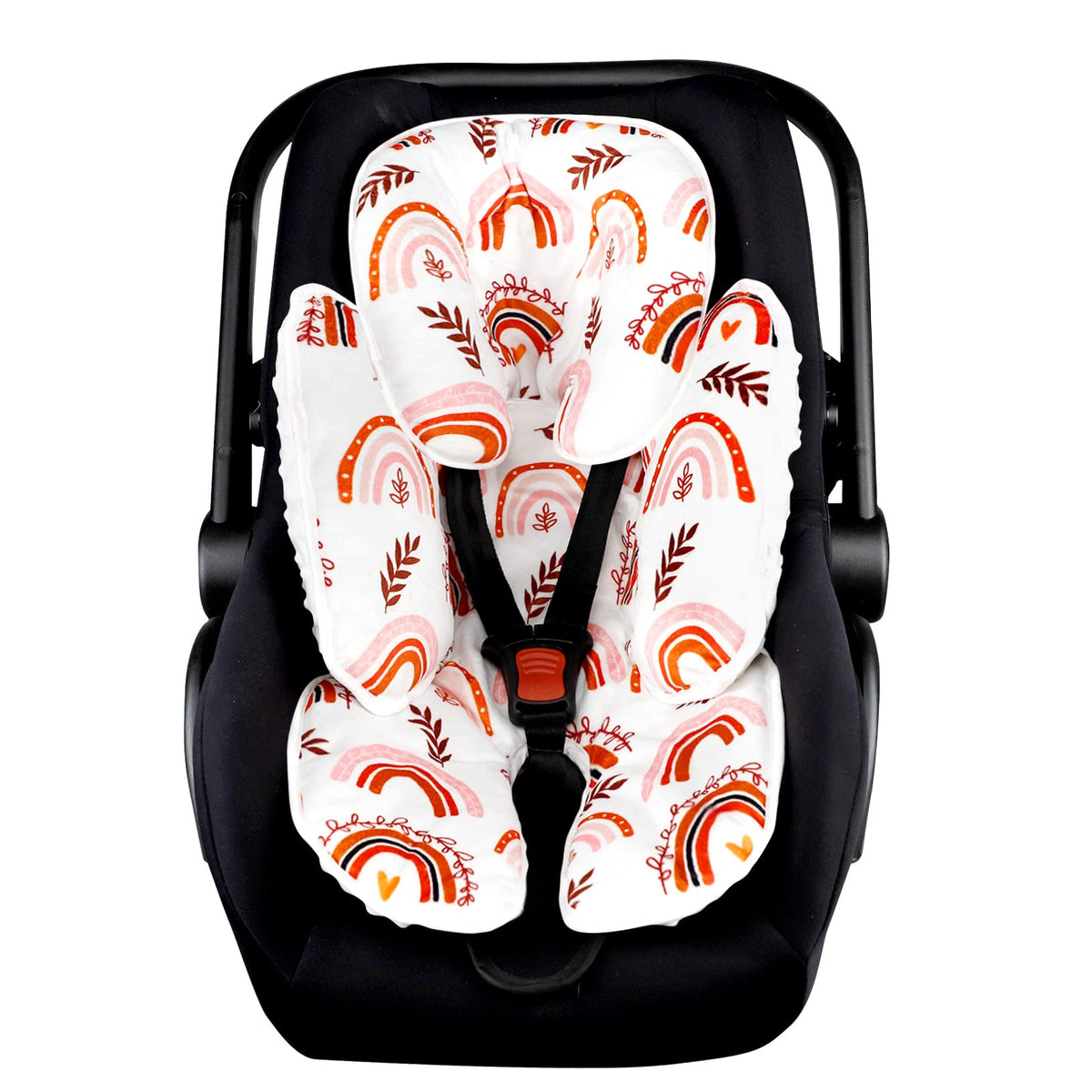 Pea Pod Rainbow Head Support in full-body mode offers cozy support on car seats.