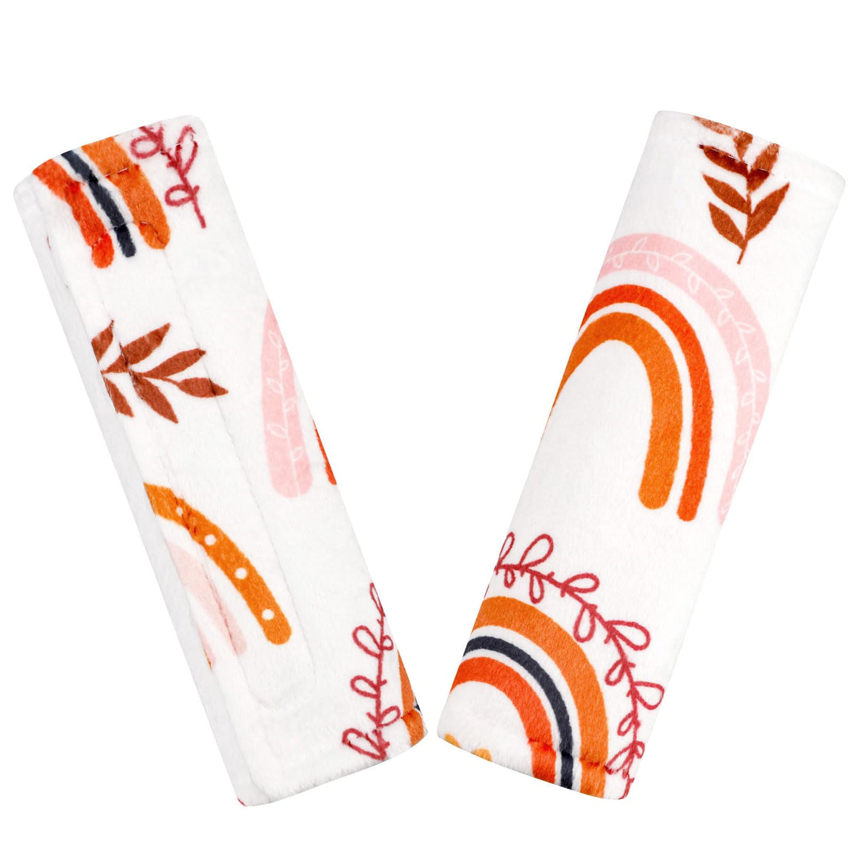 Pea Pod rainbow strap cover on car seat shows soft, skin-friendly comfort.
