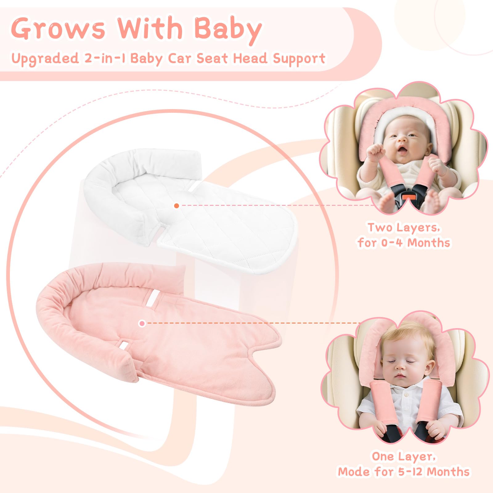 Pea Pod soft head support cushion adds extra comfort for baby’s car ride naps.