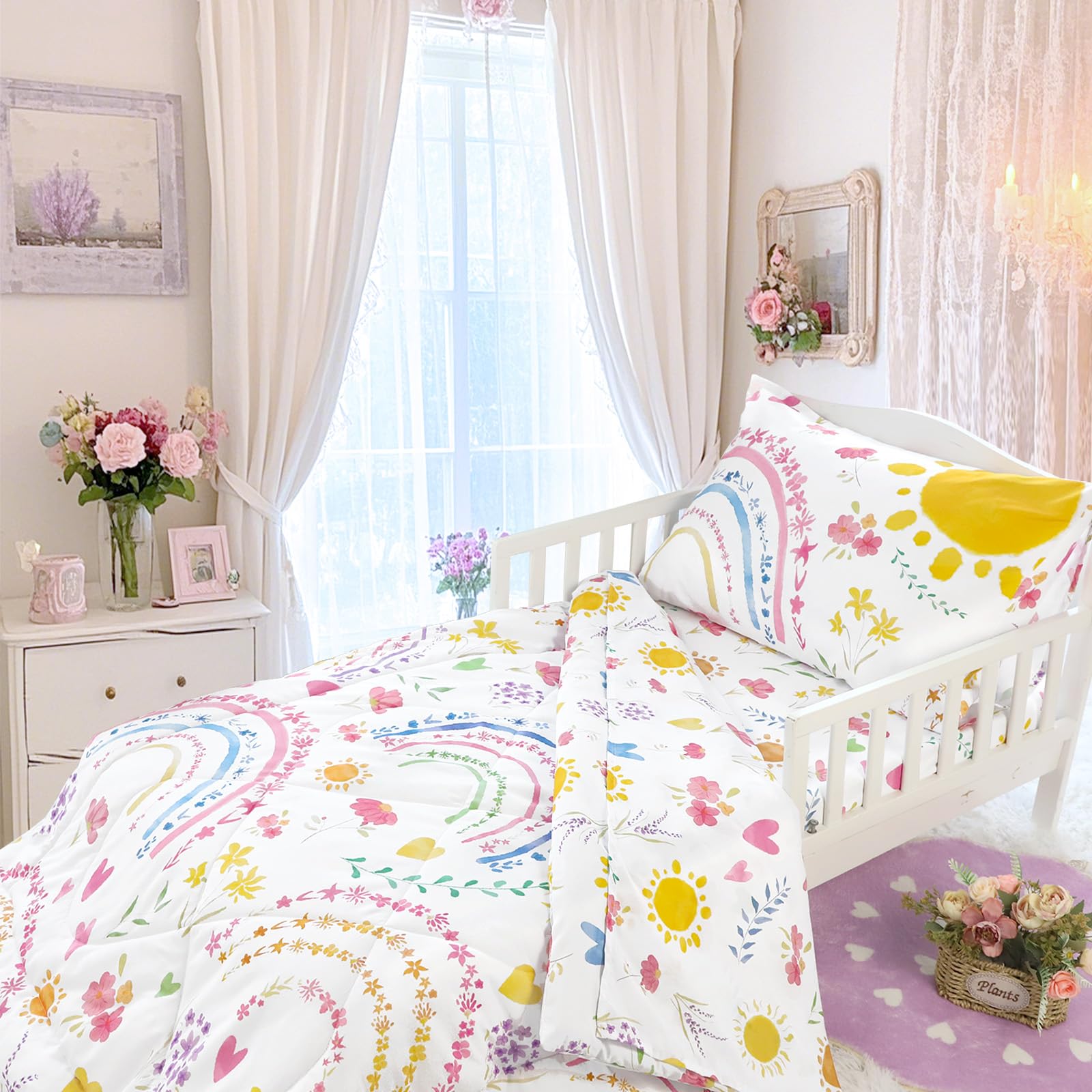 Pea Pod rainbow sun design livens toddler room decor.