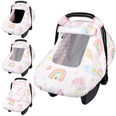 Pea Pod unicorn car seat cover back view with protective mesh window for baby visibility.