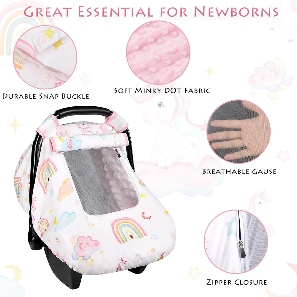 Pea Pod unicorn car seat cover on stroller handle showing shade and privacy.