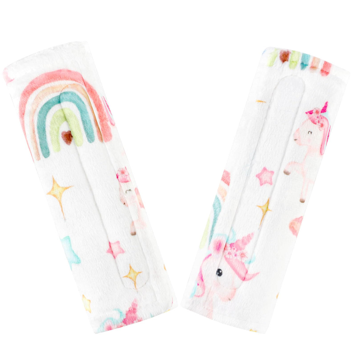Pea Pod unicorn strap cover on car seat, protecting baby's neck during travel.