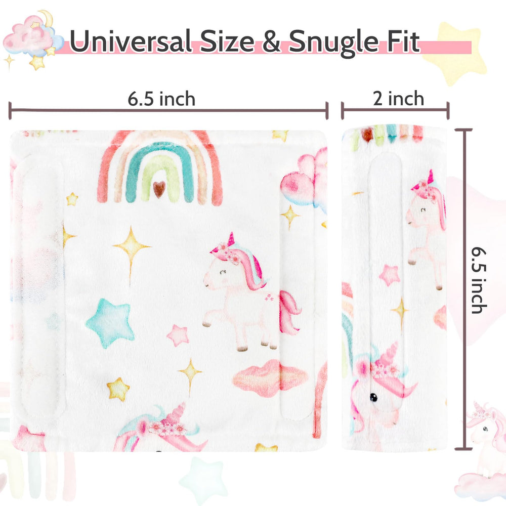 Pea Pod unicorn strap cover shown on stroller belt for easy safety.