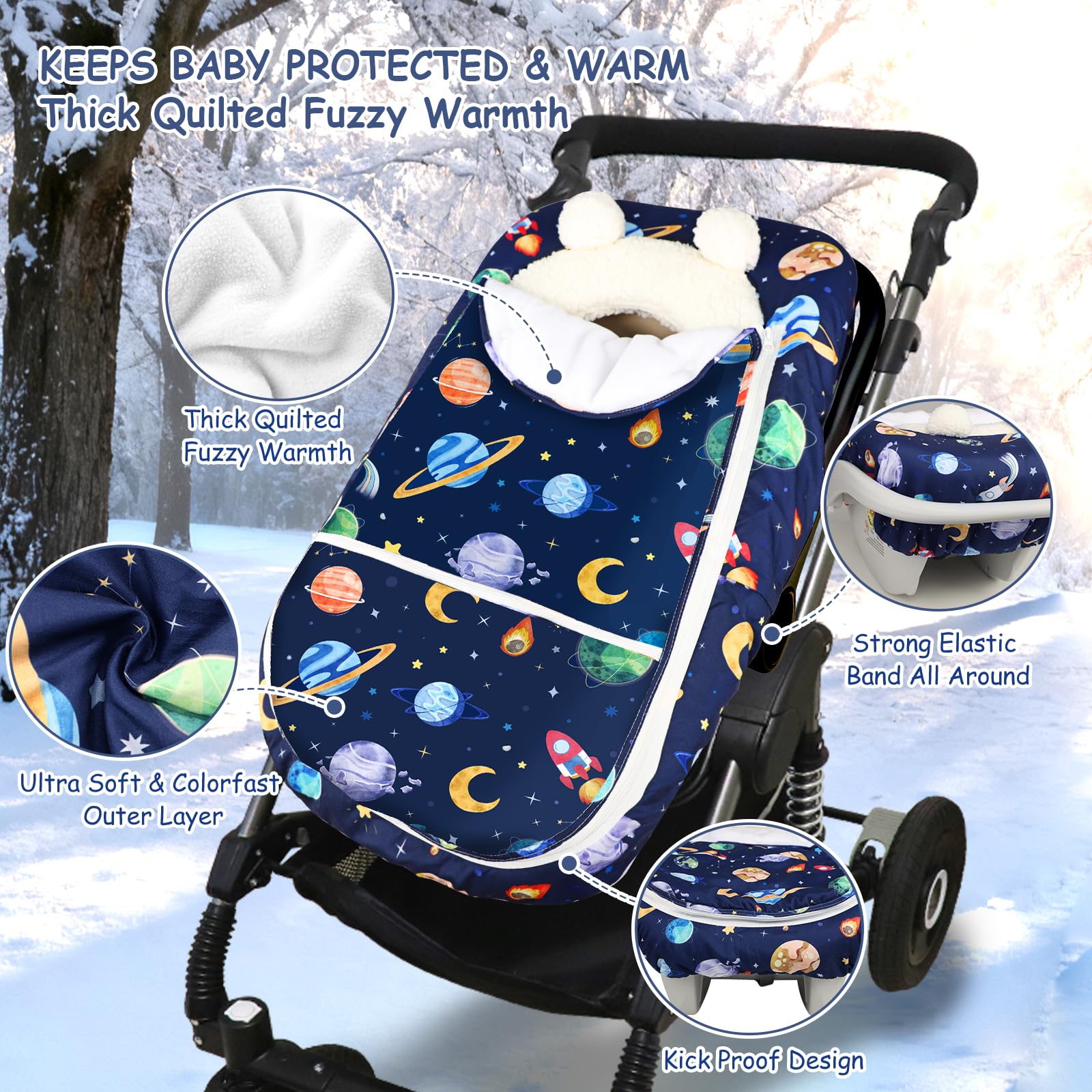 Pea Pod Winter car seat cover plush fleece lining for baby comfort.