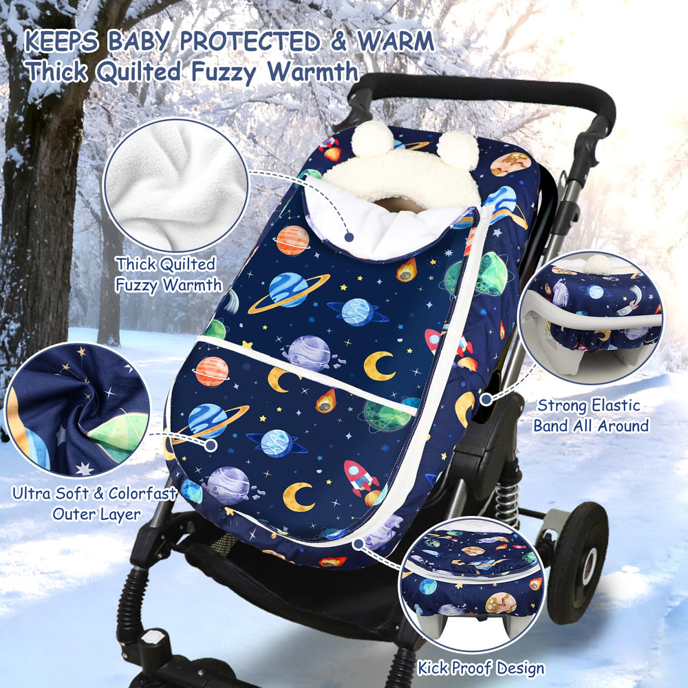 Pea Pod Winter car seat cover plush fleece lining for baby comfort.