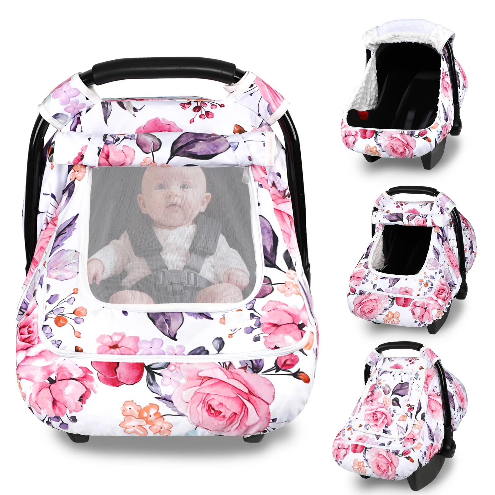 Pea Pod winter car seat cover sunshade close-up with secure shade for baby